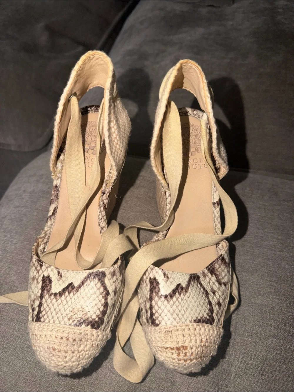 Vince Camuto Beige Snake-Print Espadrille Wedge Sandals
